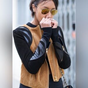 H&M Camel & Black Suede Leather Biker Jacket with gold zipper Size 10